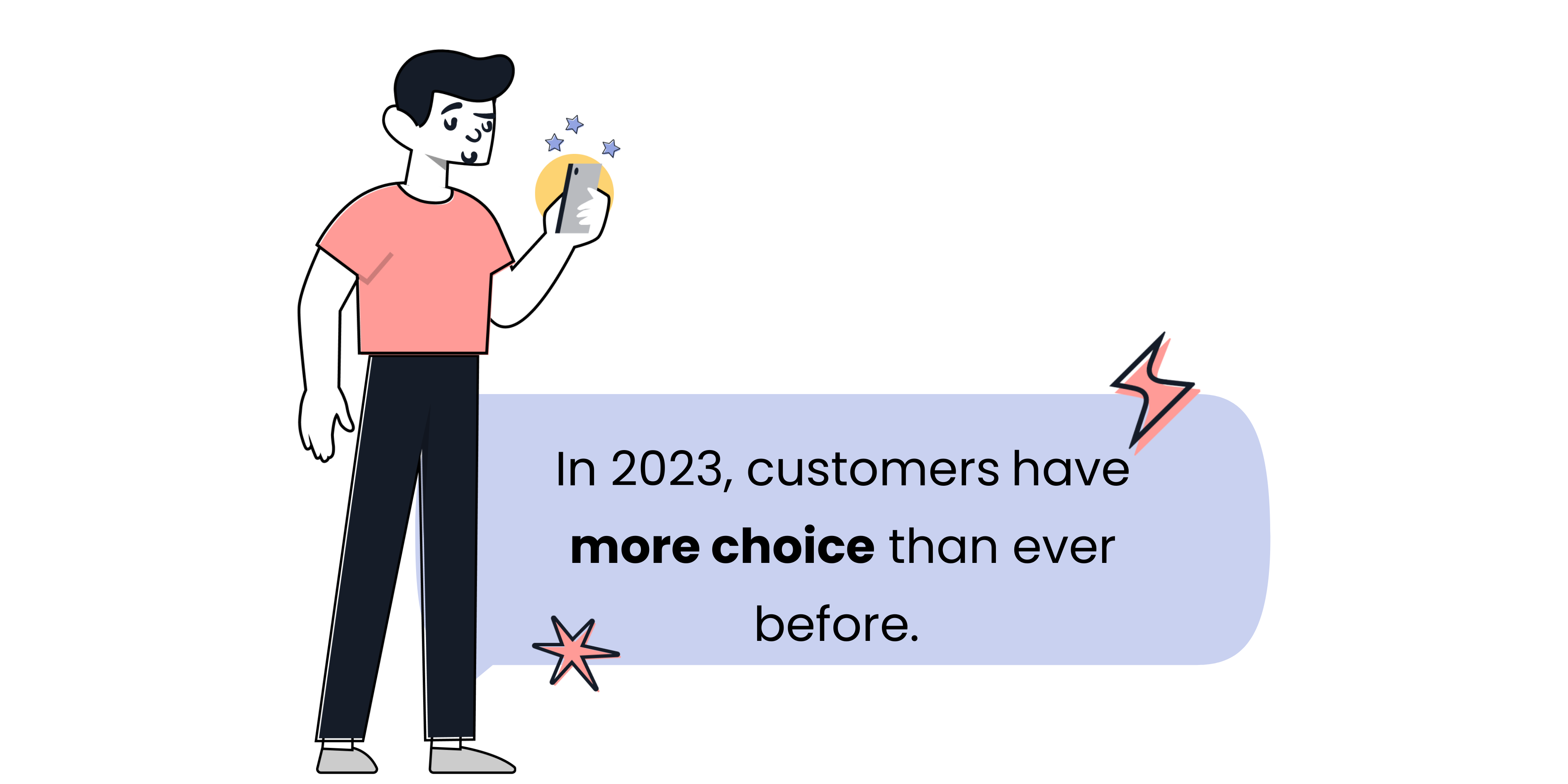 Graphic of a man with a mobile phone and a speech bubble next to him with text and icons. 
